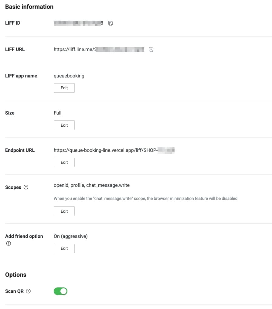 LIFF booking app settings